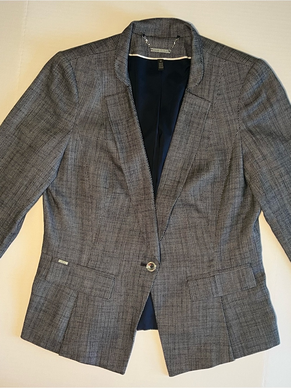 White Black Women’s Blazer Size 12 Navy Blue Tailored Stretch Career Jacket